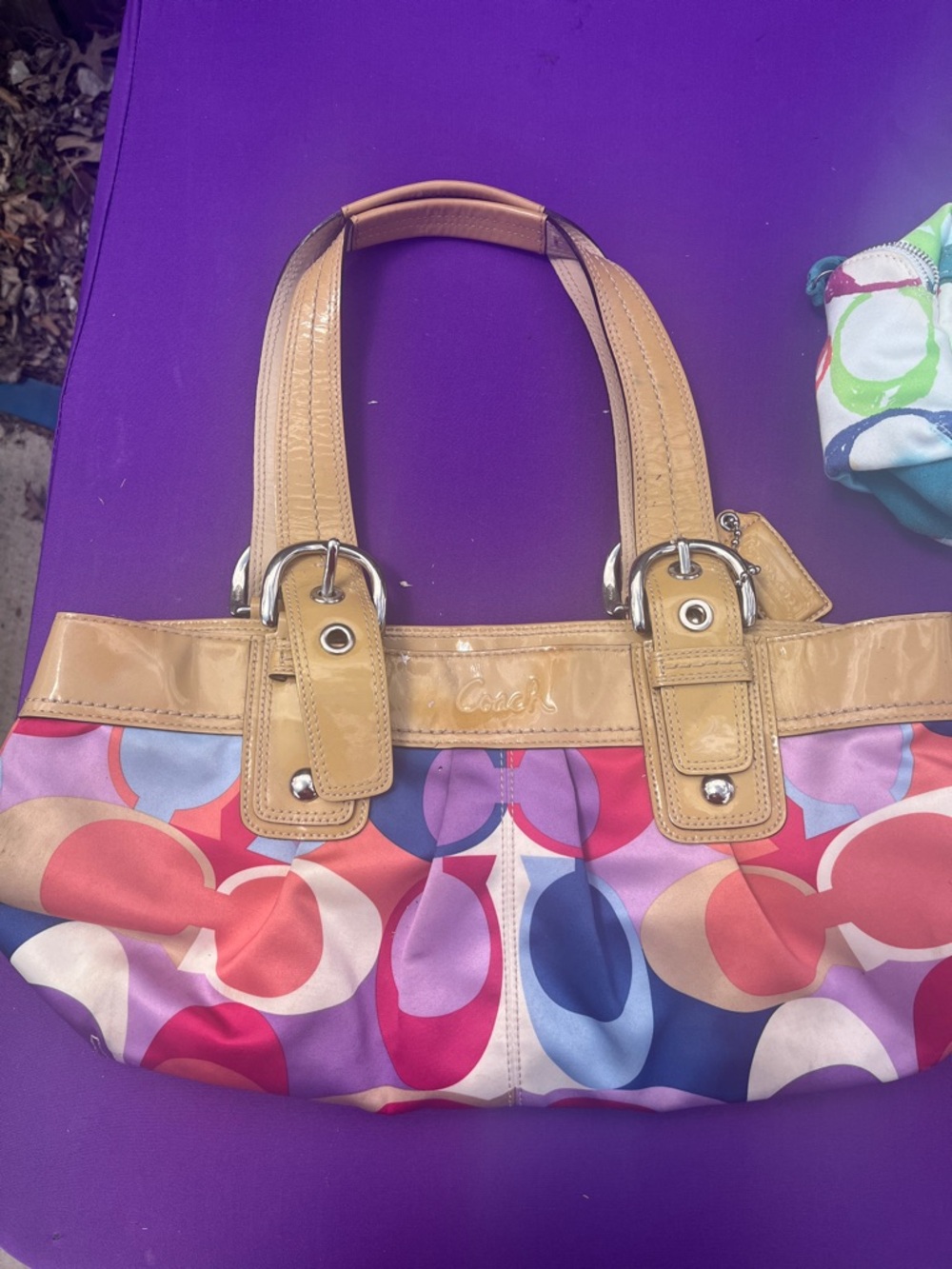 Coach Multicolor Signature Shoulder Bag with Tan Patent Leather Trim